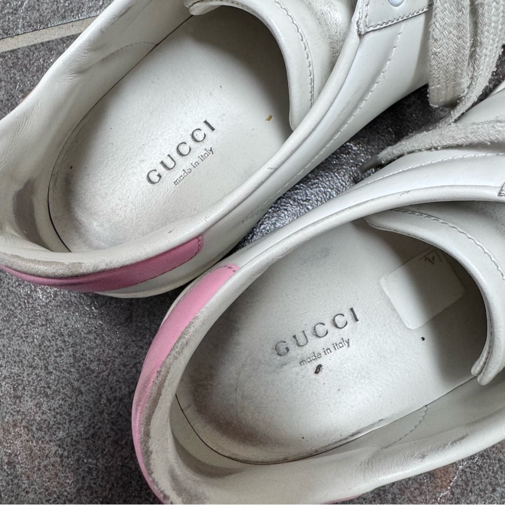Gucci White Leather Sneakers with Pink Heel Tab - Picture 9 of 16